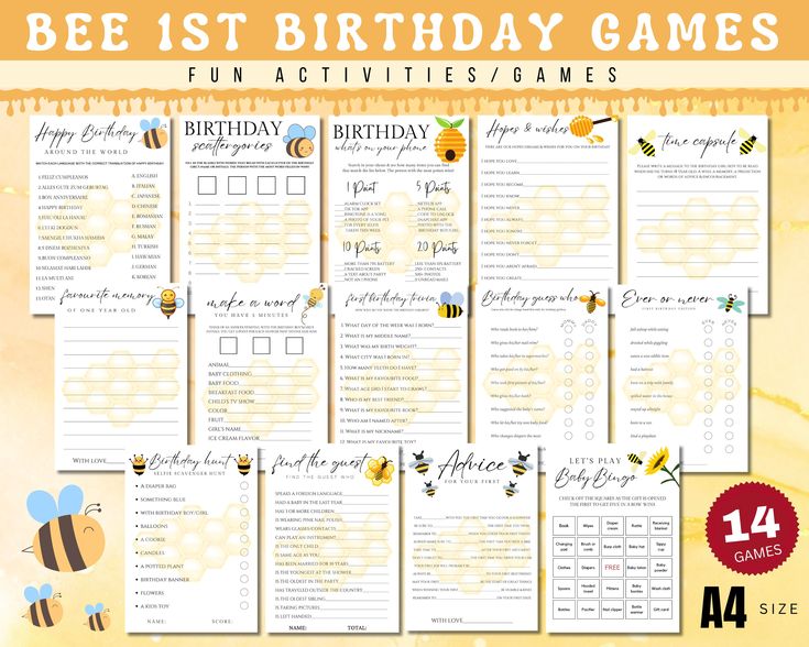 bee 1st birthday games for kids with bees and honeybees on them, including an activity