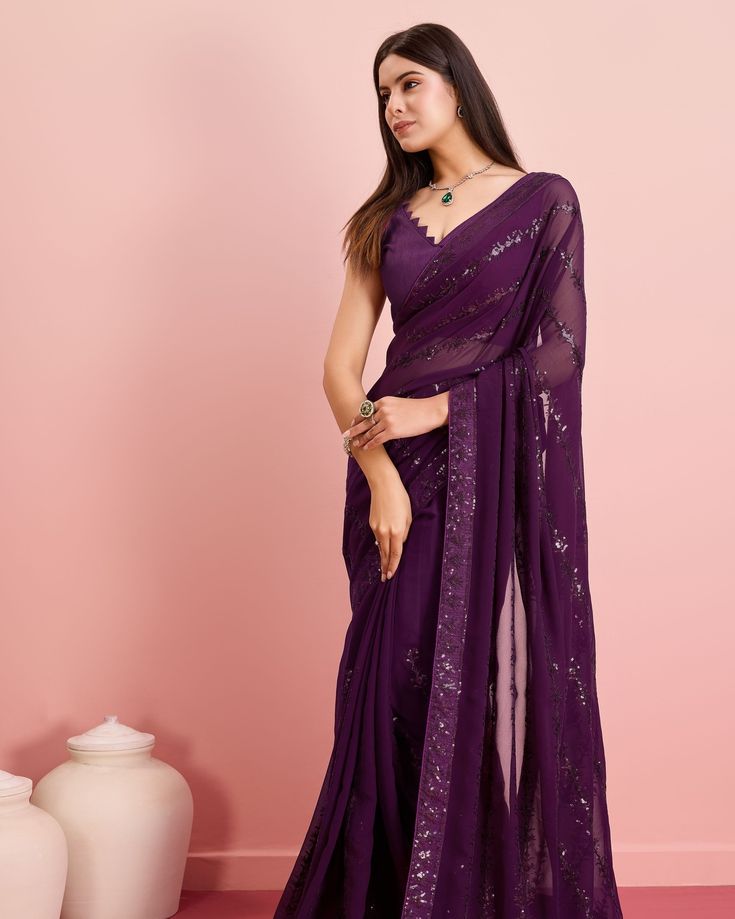 Purple Georgette Saree, Plain Georgette Saree, Dress Saree, Sari Design, Gown Party Wear, Dresses By Pattern, Fancy Sarees Party Wear, Saree Gown, Simple Sarees