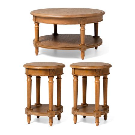 three wooden tables sitting next to each other