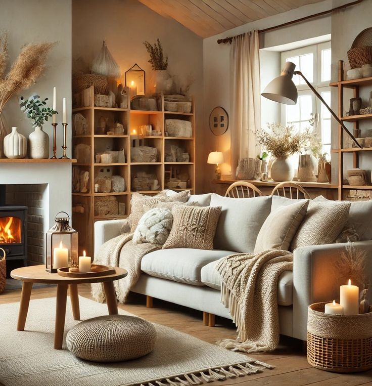 a living room filled with furniture and a fire place