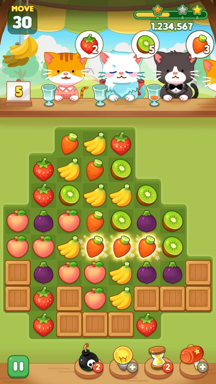 an animal puzzle game with fruits and vegetables on the screen, as well as two screens showing