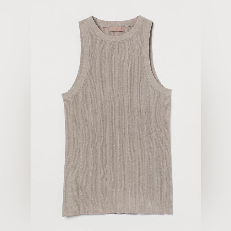 Beige Rushed Top. Lightweight And Breezy. Casual Knit Taupe Top, Casual Taupe Knit Tops, Neutral Knit Crew Neck Top, Fitted Neutral Ribbed Top, Neutral Ribbed Tops For Spring, Fitted Beige H&m Tops, H&m Beige Tops For Spring, Chic Beige H&m Top, Neutral Sleeveless Tops For Fall