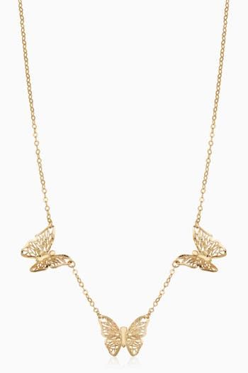 From dinner parties to art shows and everything in between, our Social Butterfly Necklace will help you make a shining appearance. Three solid gold handcrafted butterflies sit stationed along our rolo chain, offering feminine glamour and allure. Metal: 14k Yellow Gold Length: 16 Inches, Adjustable to a Choker at 14 Inches Weight: 2.5 Grams Dimensions: 14mm Long, 11mm Wide Origin: Crafted in San Zeno, Arezzo, Italy Luxury Yellow Gold Necklace With Butterfly Charm, Luxury Gold Butterfly Pendant Necklace, Luxury Gold Jewelry With Butterfly Clasp, Luxury Gold Necklace With Butterfly Charm, Gold Delicate Chain Jewelry For Evening, Gold Dainty Necklaces For Evening, Luxury Formal Necklace With Butterfly Charm, Formal Butterfly Charm Fine Jewelry, Luxury Gold Butterfly Jewelry