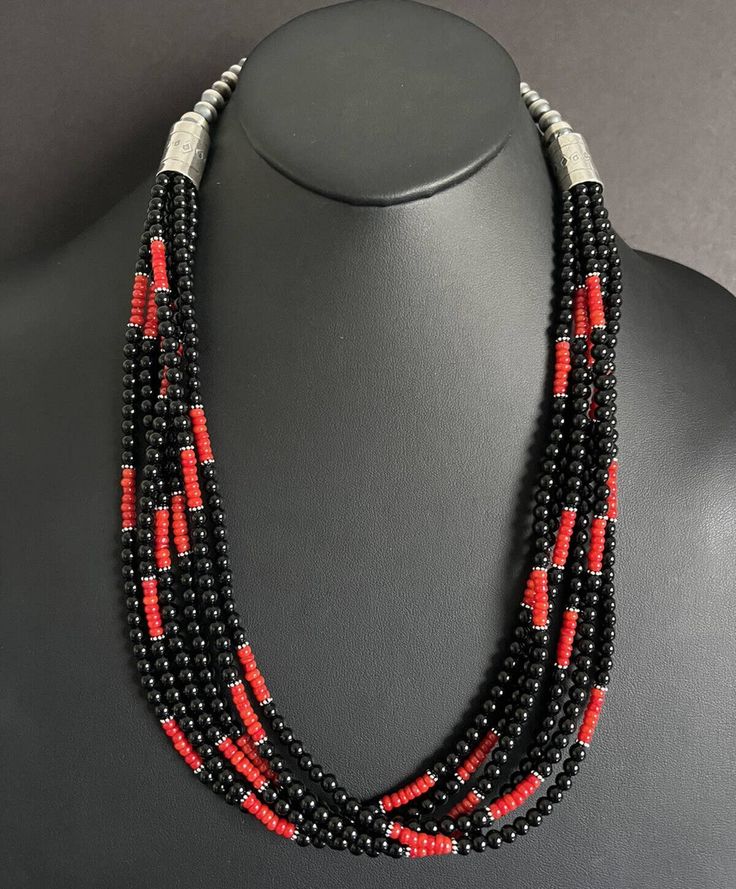 Sterling Silver Multi Strand Black Onyx with Coral Bead Necklace. 26 Inch Best Offers Accepted! Traditional Black Jewelry With Silver Beads, Black Multi-strand Necklace With Silver Beads, Traditional Black Necklaces With Silver Beads, Traditional Black Necklace With Silver Beads, Traditional Black Onyx Necklace, Black Multi-strand Necklace With Faceted Beads, Luxury Black Necklace With Polished Beads, Traditional Black Gemstone Beads, Traditional Black Necklace With Faceted Beads