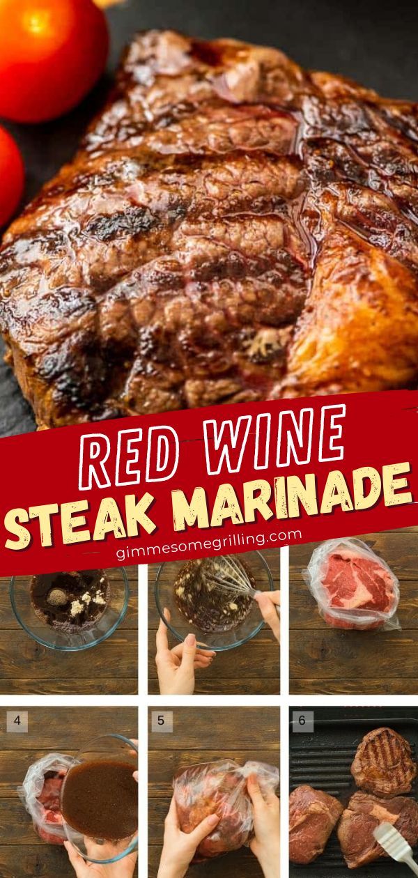 red wine steak marinade with tomatoes and meat on the side, in a collage