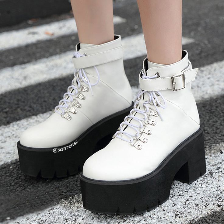 Fabric Material: Pu LeatherColor: Black. WhitePlatform: 6cm/2.36"Heel Height: 8.5cm/3.35" Synthetic Round Toe Boots For Concert, Edgy White Platform Boots, White Punk Platform Boots, Casual Platform Boots With Metal Feet, Synthetic Platform Boots With Round Toe For Concert, Synthetic Round Toe Platform Boots For Concert, White Lace-up Platform Boots With Chunky Platform, Spring Concert Platform Boots With Round Toe, Edgy White Leather Platform Boots