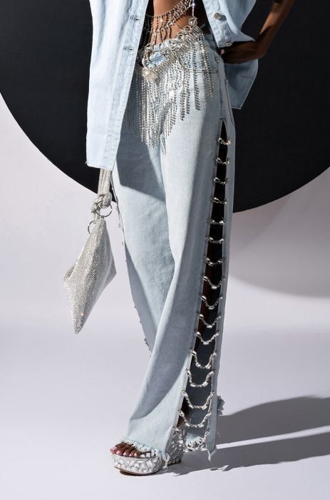 COVERED IN DIAMONDS RELAXED JEANS in light blue denim Split Pattern Jeans, Lace Up Pants Side, Diamond Pattern Jeans, Rhinestone Trim Jeans, Tassel Patchwork Pants, Lace Up Waist Jeans, Fringe Rhinestone Jeans, Rim Stone Jeans, Fringe Leg Jeans