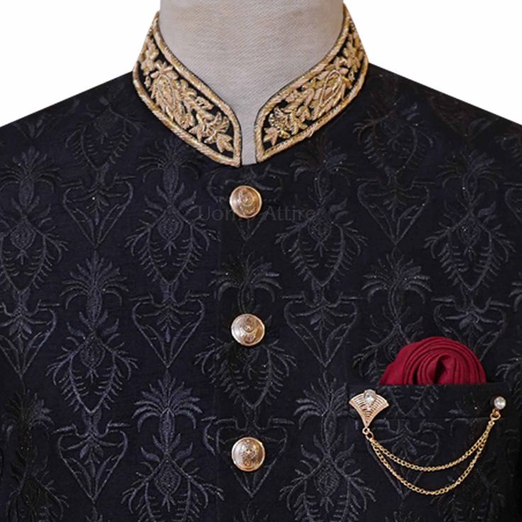 Description Black is beautiful, so get customize this Uomo Attire's elegant fully embroidered fabric black prince coat with golden embellishment and brass buttons for perfect look on your big day. This sophisticated and stylish Black Fully Embroidered Prince Coat for Groom is the perfect apparel for making a statement on your special day. This prince coat features intricate hand-embroidery on the lapel and features a striking golden hand-embellished collar. The coat also includes golden brass bu Designer Black Nehru Jacket For Ceremonial Occasions, Black Embellished Formal Traditional Wear, Formal Black Embellished Sherwani, Embellished Gold Formal Sets, Formal Gold Embellished Sets, Gold Embellished Formal Sets, Black Embellished Sherwani For Formal Occasions, Elegant Black Brocade Sets, Elegant Black Bandhgala For Reception