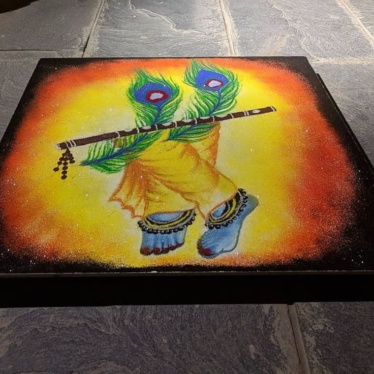 a painting on the ground with a person holding a flute