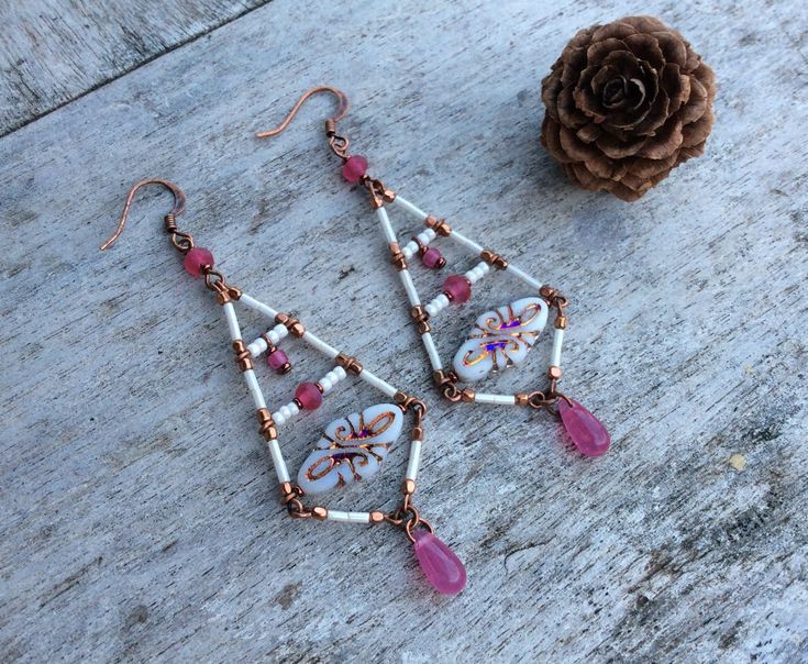 Boho Earringsboho Chic Earringshandmade Earringsfashion - Etsy Whimsical Handmade Pink Earrings, Whimsical Pink Handmade Earrings, Handmade Pink Teardrop Flower Earrings, Bohemian White Chandelier Earrings For Festivals, White Beaded Wire Wrapped Drop Earrings, White Wire Wrapped Beaded Drop Earrings, Bohemian Pink Wire Wrapped Beaded Earrings, Handmade Pink Chandelier Earrings As Gift, White Wire Wrapped Bohemian Earrings