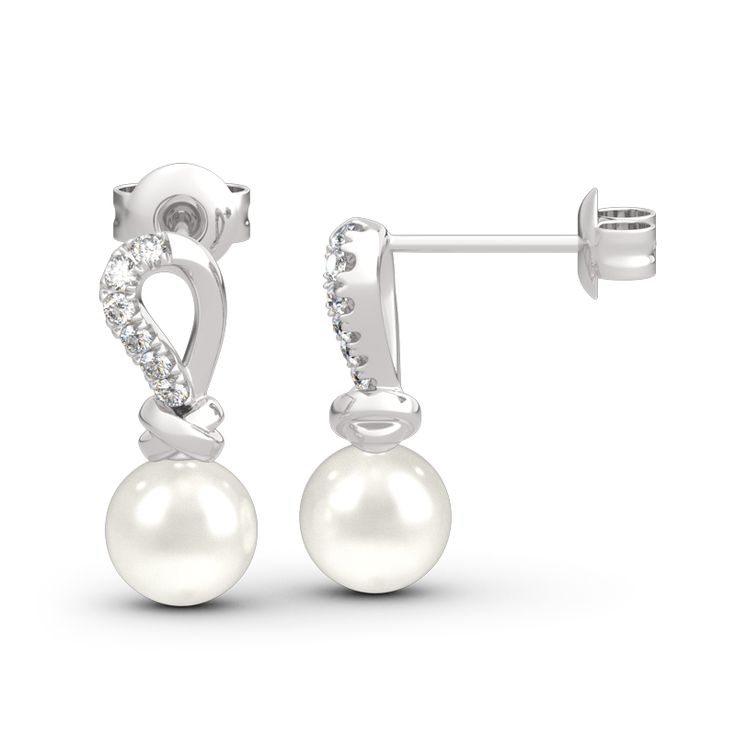 Simple but not plain, this pair of earrings makes a little lovely gift for loved one or yourself. Crafted in sterling silver, inspired from contemporary style, this pair of earrings shows an elegant look with its knot design. Two 7mm pearls and shimmering round stones are set on the knot to add extra sparkle to it. Treat yourself or surprise her with this piece.Carat Weight: 5.342 ctStone Size: 1.5,7 mmStone Type: Jeulia® StoneNumber of Stones: 14 Stone Color: Diamond WhiteStone Shape: RoundWeig Elegant Sterling Silver Diamond Earrings For Formal Occasions, Elegant Sterling Silver Diamond Earrings For Formal Events, Elegant Sterling Silver Dangle Diamond Earrings, Elegant Sterling Silver Earrings, Sterling Silver White Gold Matching Pearl Earrings, Elegant Sterling Silver Diamond Earrings, Elegant Pierced White Gold Bridal Earrings, Elegant Bridal Earrings In White Gold And Sterling Silver, Classic Sterling Silver Drop Pearl Earrings