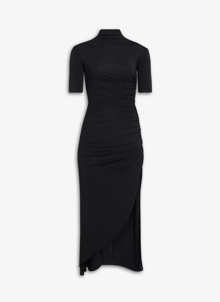 ALAÏA Women's Black BODYCON DRAPED DRESS | ALAÏA US Fitted Pre-draped Dress With Ruched Sides, Chic Bodycon Dress With Ruched Bodice, Fitted Pre-draped Sheath Midi Dress, Fitted Ruched Sheath Maxi Dress, Fitted Maxi Dress With Side Slits And Pre-draped Style, Fitted Sheath Maxi Dress With Ruched Detail, Stretch Midi Dress With Ruched Back For Evening, Chic Elastane Bodycon Dress With Ruched Back, Chic Bodycon Dress With Ruched Back