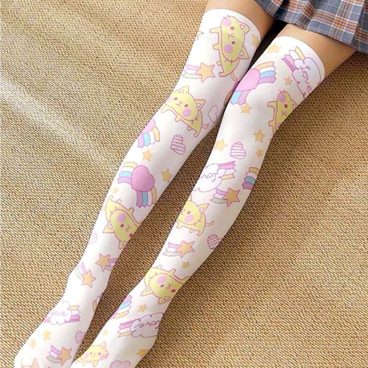 Cartoon Cat Print Over The Knee Socks Kawaii Thigh Highs, Kawaii Socks Long, Long Cute Socks, Cutecore Socks, Cute White Thigh High Stockings, Cute Fitted Knee-high Socks, Casual Multicolor Stockings, Cute Stretch Knee-high Stockings, Cute White Stretch Socks