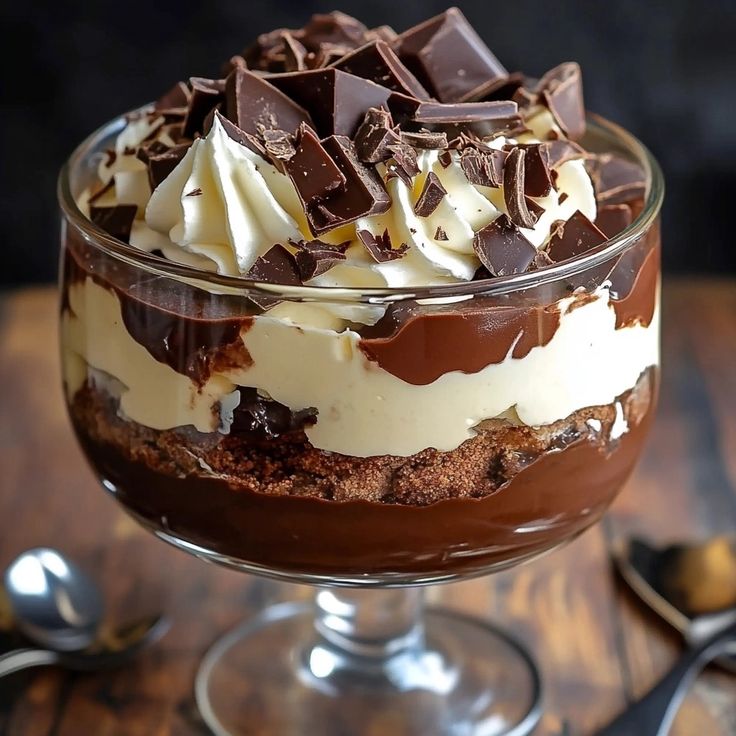 Decadent Baileys Chocolate Cheesecake Trifle Recipe Baileys Chocolate Mousse Trifle, Baileys Chocolate Pudding, Trifle With Chocolate Cake, Dark Chocolate Trifle, Christmas Pudding Ideas Desserts, Baileys Christmas Cake, Christmas Chocolate Trifle, Baileys Recipes Desserts Christmas, Bailey’s Chocolate Cheesecake Trifle