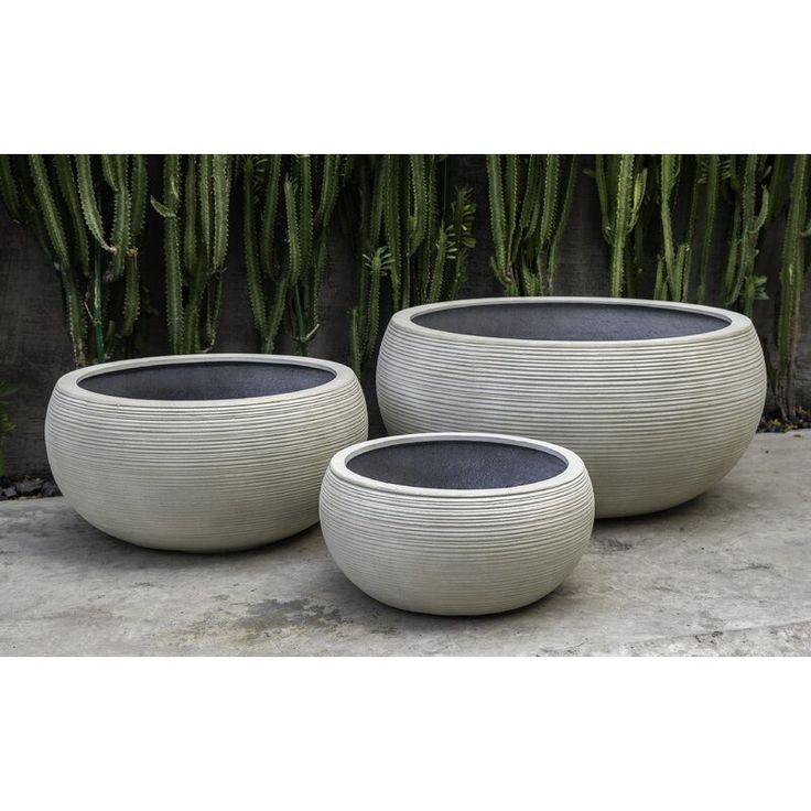 three planters sitting next to each other in front of some cactus plants on the ground