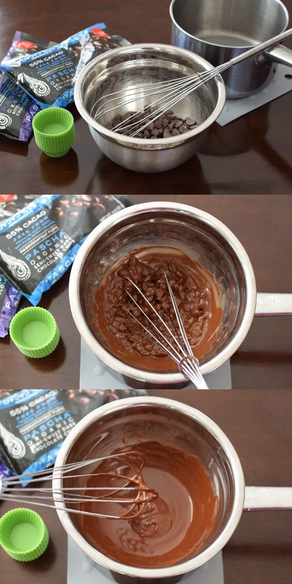 three bowls filled with chocolate and whisks on top of a table