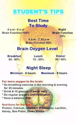 a poster with an image of a brain and the words, best time to study brain oxygen level night sleep