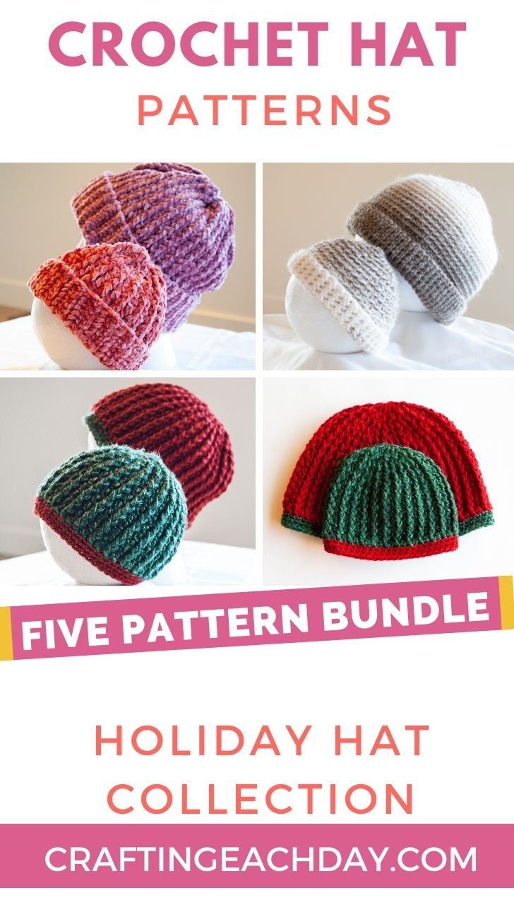 crochet hat patterns for children and adults with text overlay that reads, five pattern bundle holiday hat collection