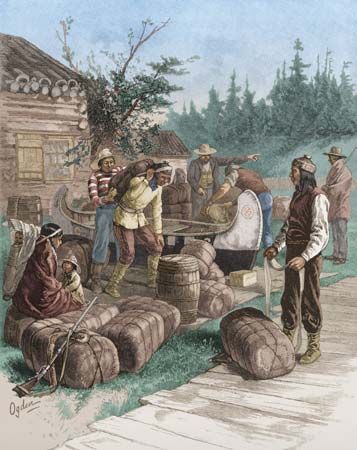 an old painting of men loading barrels from a wagon to another one in front of a log cabin