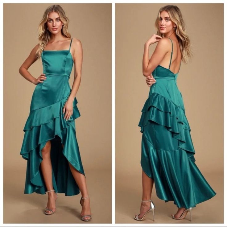 Lulus Yori Teal Green Satin Ruffled High-Low Maxi Dress Lulus Exclusive! Make The Ultimate Entrance In The Lulus Yori Teal Green Satin Ruffled High-Low Maxi Dress! Stunning Satin Falls From Adjustable Spaghetti Straps, Into A Straight Neckline And Sleeveless, Princess-Seamed Bodice. The Fitted Waist Carries Into A Cascading Maxi Skirt Accented With Tiers Of Ruffled Trim Along The High-Low Hem And Hidden Back Zipper/Clasp. It Is Lined To Mid-Thigh. The Dress Measures 18" Longer At The Back. 97% P High Low Maxi Dress, Long Gown Dress, Turquoise Dress, Cutout Maxi Dress, Rehearsal Dress, Tie Dye Maxi Dresses, Teal Dress, Straight Neckline, Pleated Maxi Dress