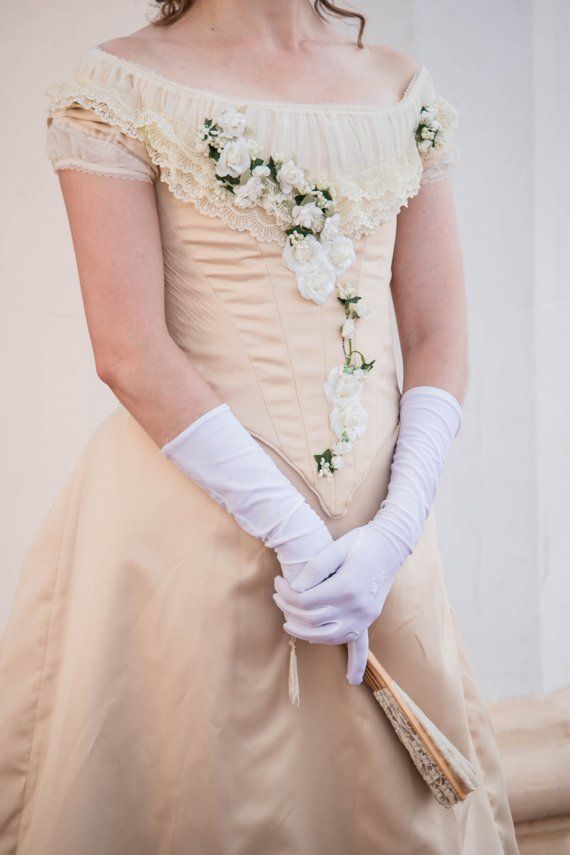 Milk-white Flower Bustle Gown 1880s Wedding Dress | Etsy Cream Victorian Ball Gown For Wedding, Victorian Ruffled Ball Gown For Wedding, Regency Victorian Dress For Debutante Ball, Victorian Ball Gown With Ruffles For Wedding, Victorian Ball Gown Wedding Dress With Ruffles, Marie Antoinette Victorian Dress For Debutante Ball, White Historical Wedding Gown, Regency Style Ball Gown For Vintage Events, Fitted Cream Victorian Ball Gown