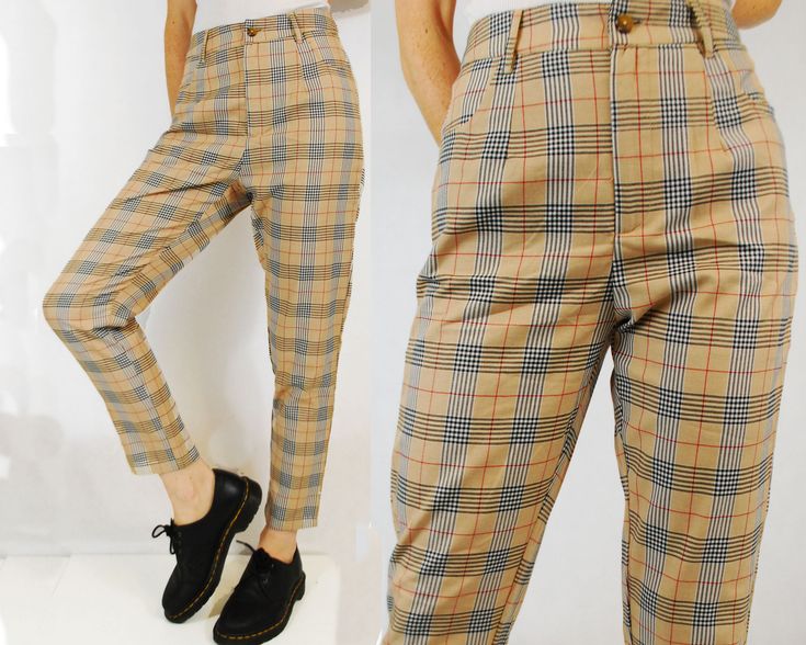 Update: Due to a family commitment your order may take 5-7 days to be dispatched but we are working hard to get it to you as quickly as possible. Thanks for your patience. . . . Check tartan patterned tapered Mom jean style chino/Capri pants. Other colours available in our shop (see final photo). FREE UK SHIPPING - Flattering high rise at the waist and narrow at the ankle - Two pockets - Belt loops Material is a lightweight cotton mix and looks great paired with Doc Martens and a black ribbed tu Casual Plaid Tapered Leg Pants, Plaid Tapered Leg Pants For Fall, Casual Tapered Pants For Fall, Trendy Plaid Ankle-length Bottoms, Trendy Ankle-length Plaid Bottoms, Plaid Tapered Leg Bottoms For Fall, Tapered Leg Plaid Bottoms For Fall, Business Casual Plaid Cotton Pants, Business Casual Plaid Cotton Bottoms