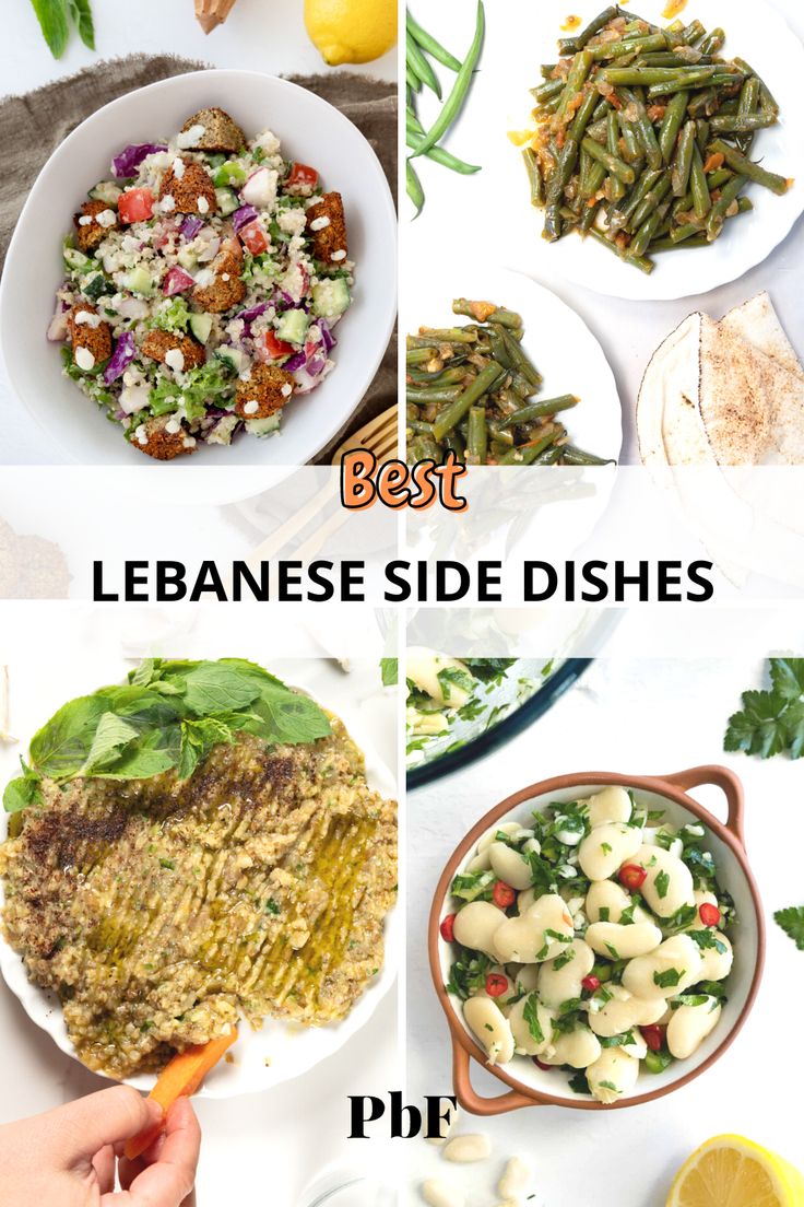 a collage of different authentic lebanese side dishes Lebanese Sides, Lebanese Recipes Authentic, Vegan Lebanese, Lebanese Salad, Braised Greens, Greek Foods, Popular Dishes, Egyptian Food, Vegan Side Dishes