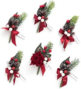 six boutonnieres with red flowers and pine cones