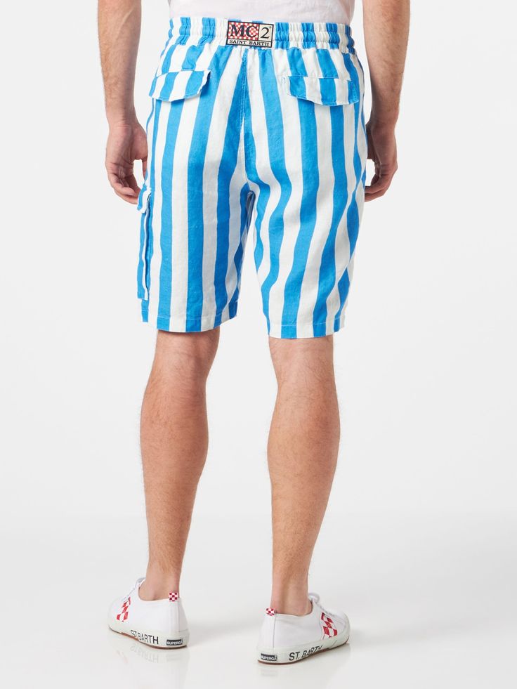 Man bermuda shortsWhite and light blue stripesCoulisse closureComfort fitside pocketKnee lenghtCasual lookComposition: 100% linen Linen Bermuda Shorts, Boho Swimwear, Saint Barth, Print Swimwear, Swim Brief, Printed Swim, Workout Sweatshirt, Summer Hats, T-shirt Polos