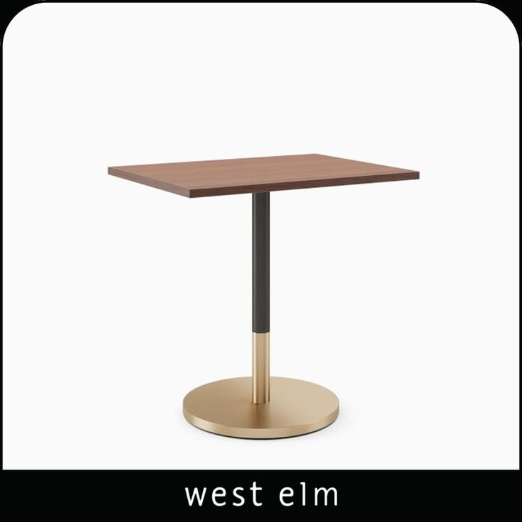 the west elm table is shown in gold and has a square wooden top with a metal base