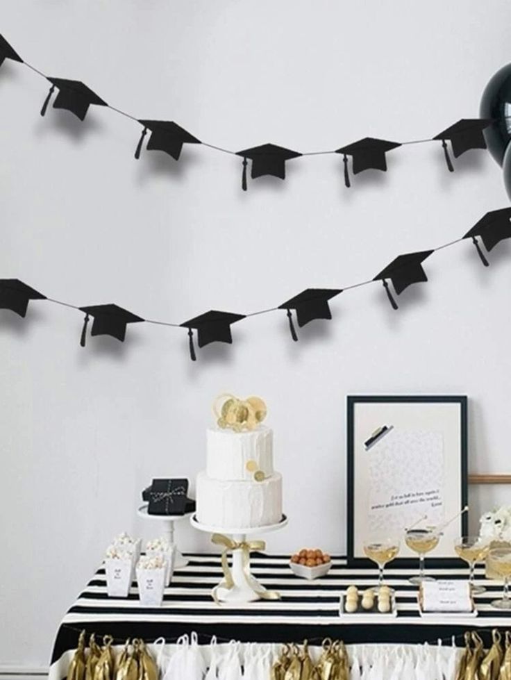 a graduation party with black and white decorations