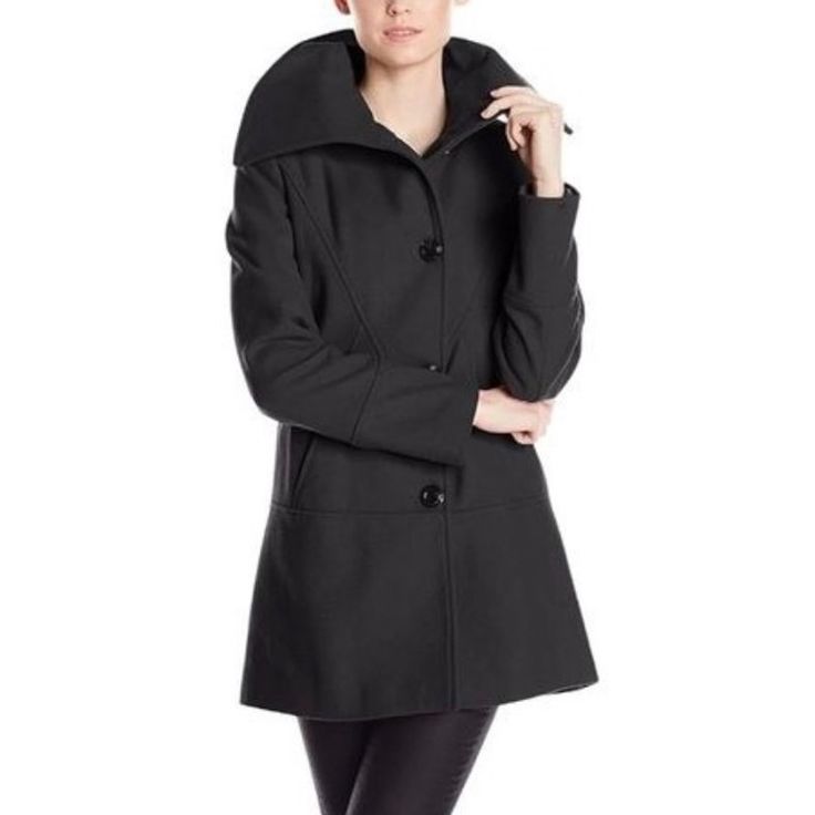 Kensie Oversized Collar Fit-And-Flare Wool Blend Button Front Longline Coat Nwt Size : Large Color : Black Stay Warm And Stylish All Winter In This Fabulous Stroller-Length Coat By Kensie! With A Flattering Fit-And-Flare Design And A Chic Oversized Collar, This Will Quickly Become Your Go-To Coat All Winter Long! Details Oversized Wing Collar Slanted Side Pockets Single Breasted Button Front Angled Seaming Details For A Slimming Visual Flared Hem Fit: True To Size Fabrication: 59% Wool/28% Polye Single Breasted A-line Outerwear For Work, Classic A-line Outerwear With Buttons, Solid A-line Outerwear For Fall, Classic A-line Fall Outerwear, A-line Outerwear With Button Closure, Fall A-line Single Breasted Outerwear, Chic A-line Outerwear For Office, Solid A-line Outerwear For Work, Chic Black A-line Outerwear