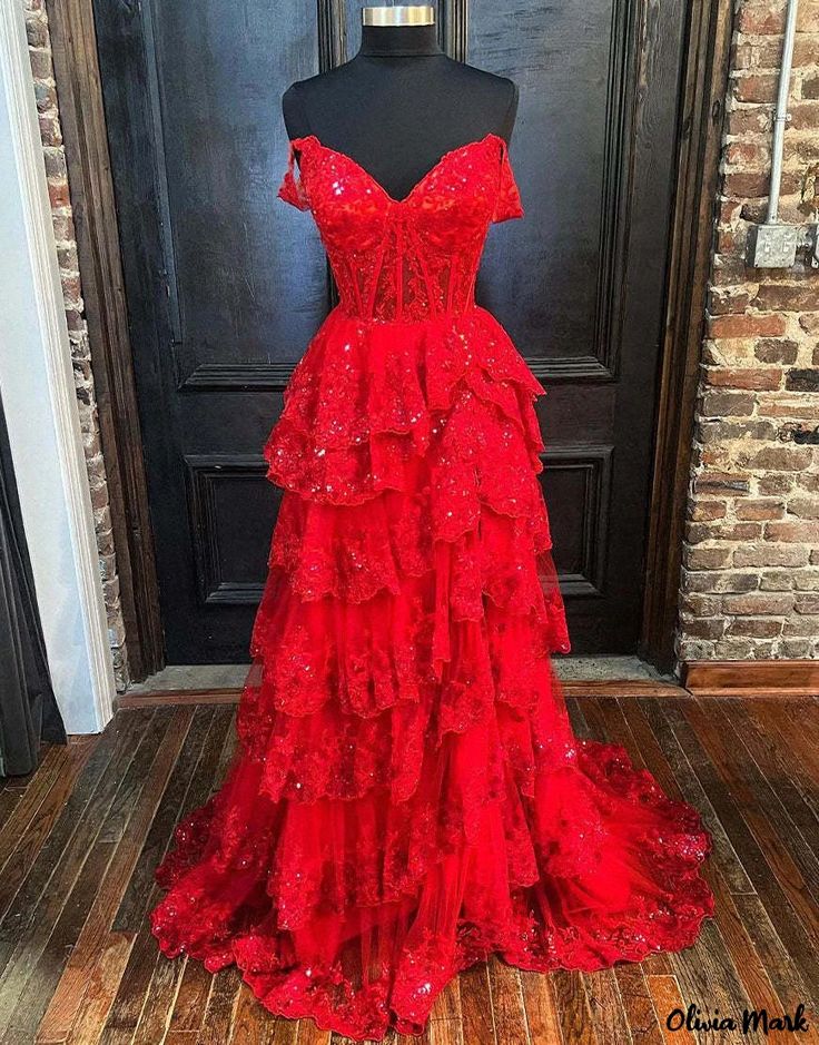 Olivia Mark - Sensational Lace Floral Evening Gown with Cake-like Skirt Prom Dresses 2024 Red, Layer Prom Dress, Light Blue Corset, Lace Prom Gown, Tiered Tulle Skirt, Formal Prom Dresses Long, Formal Dresses Graduation, Blue Corset, Long Formal Dress