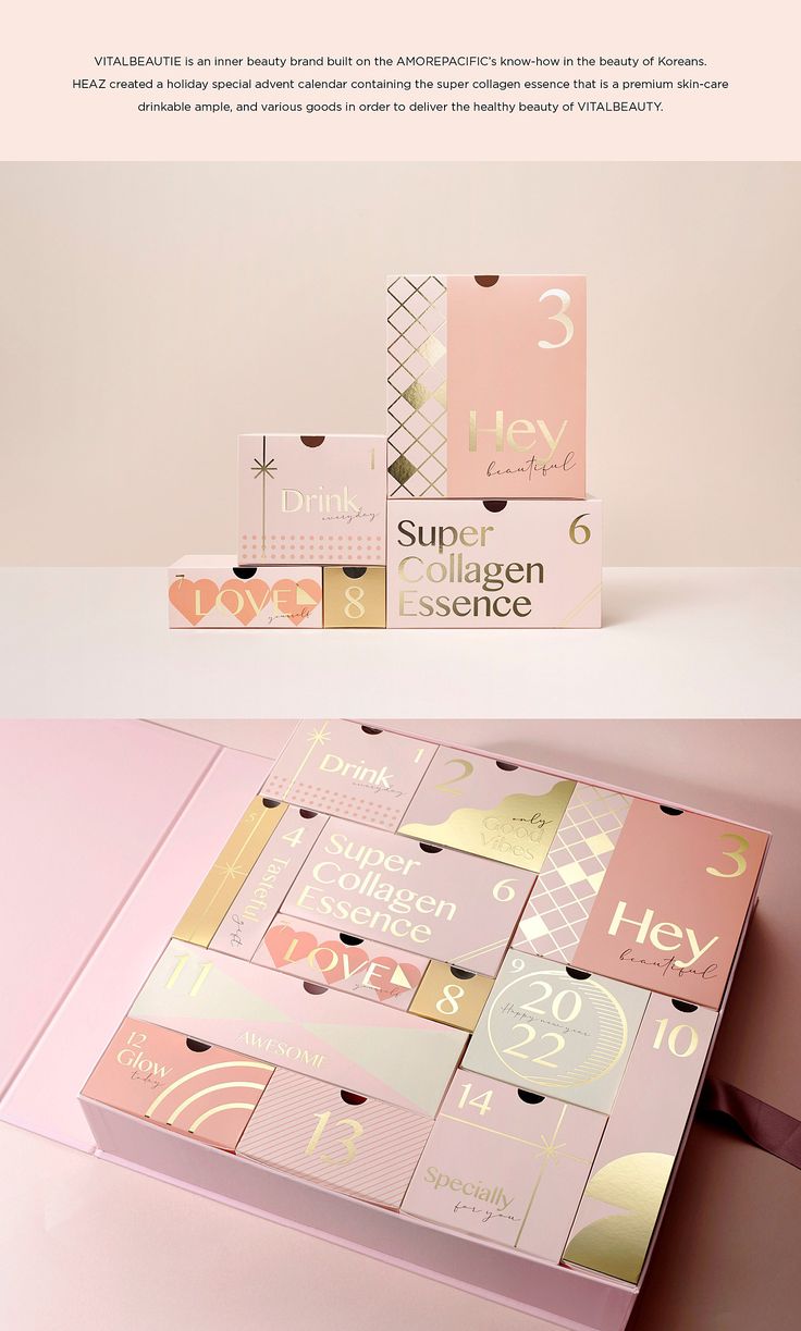 the packaging design is designed to look like it has gold foil and pink paper on top