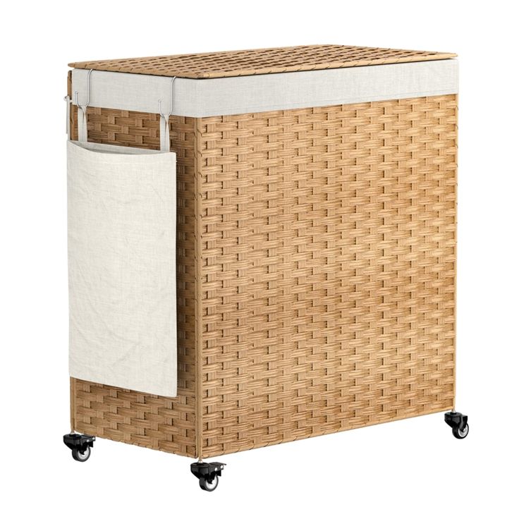 a brown wicker laundry hamper on wheels with a white cloth hanging from the top