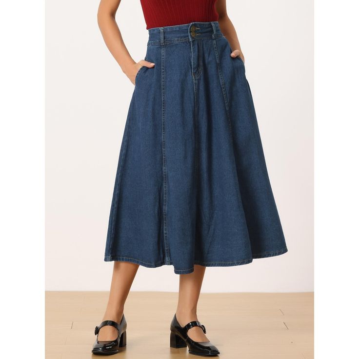 This casual skirt in a flowy flared hem highlights your slim waist and shapes your perfect figure. The Denim fabric is breathable and lightweight to wear, giving you a pleasing wear experience while showing your chic look. The length is just right to cover your hip and leg, elegant and timeless, and easy to create satisfying styles with any tops. The simple but never outdated design makes this durable jean skirt a nice piece for your casual and office choice. Spring Flared Hem Skirt, Spring Flared Hem Lined Skirt Bottoms, Spring Flared Hem Lined Skirt, Spring Flared Hem Denim Blue Bottoms, Spring Flared Bottoms With Lined Skirt, Spring Lined Skirt With Flared Hem, Spring Denim Blue Flared Bottoms, Blue Flared Denim Skirt, Blue A-line Bottoms With Pockets