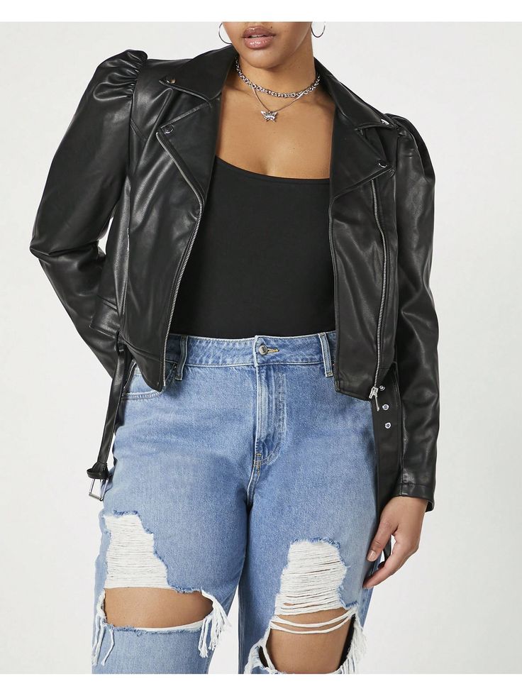 Forever 21+ - A faux leather moto jacket featuring notched lapels, high-polish hardware, a zipper-front closure, front zipper pockets, long puff sleeves, and a belted cropped hem.Plus Size Puff-Sleeve Moto Jacket Black         Women Plus Clothing, size features are:Bust: ,Length: ,Sleeve Length: Chic Spring Biker Jacket With Belt, Trendy Spring Leather Jacket With Belt, Trendy Belted Leather Jacket For Spring, Edgy Long Sleeve Belted Biker Jacket, Fitted Biker Jacket With Belt For Spring, Spring Long Sleeve Belted Leather Jacket, Trendy Belted Biker Jacket, Trendy Fitted Belted Leather Jacket, Plus Size Outerwear