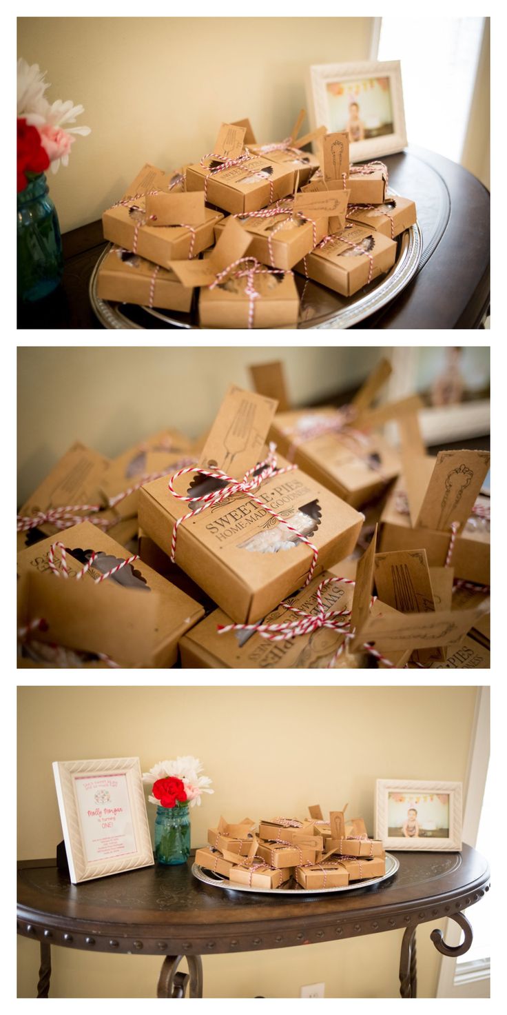 several pictures of boxes on a table with flowers and other items around them that are wrapped in brown paper