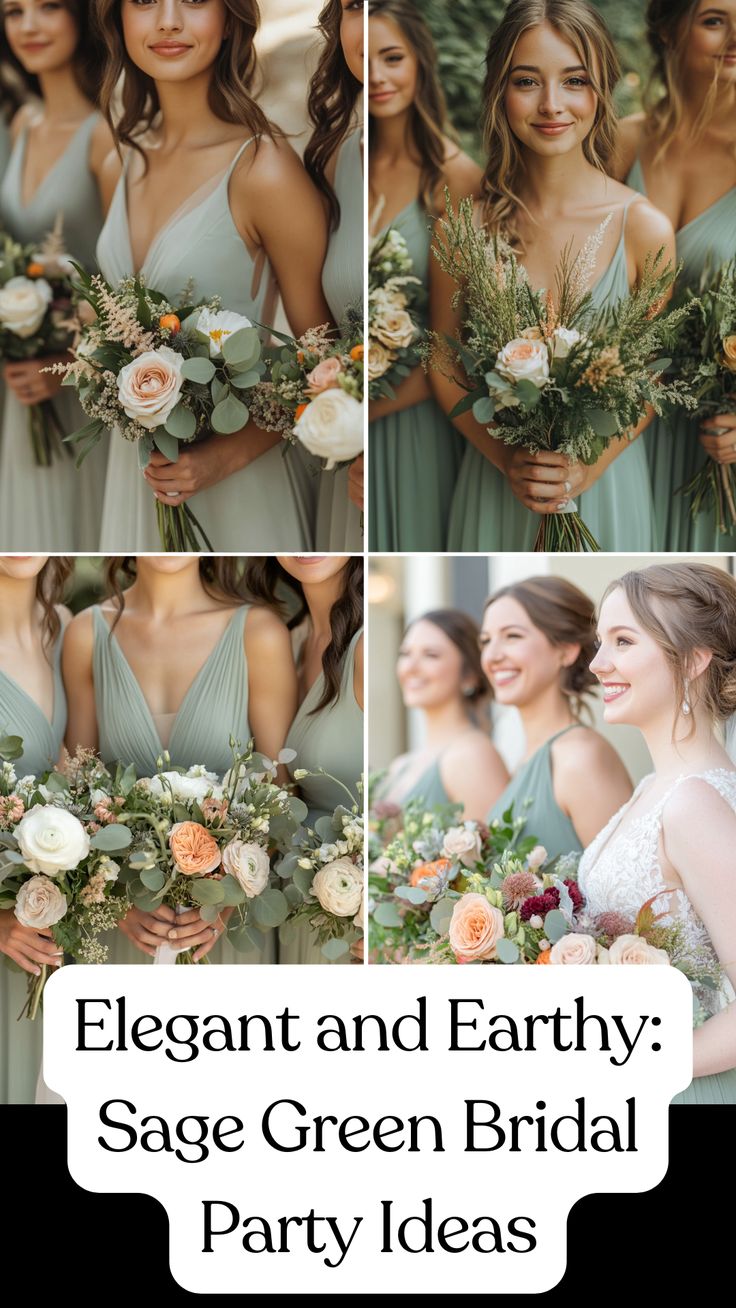 Bridesmaids wearing elegant sage green dresses, holding earthy bouquets for a timeless bridal party look. Sage Green Color Palette Wedding Summer, Sage Green Wedding Palette Color Pallets, June Bridal Party Colors, Mossy Green Wedding Theme, Safe Green Bridal Party, Wedding Color Schemes Spring Green, Sage Green Bridesmaid Dresses Colourful Flowers, Sage Green Color Palette Wedding Colour Schemes, Sage Green And Gold Bridesmaid Dresses