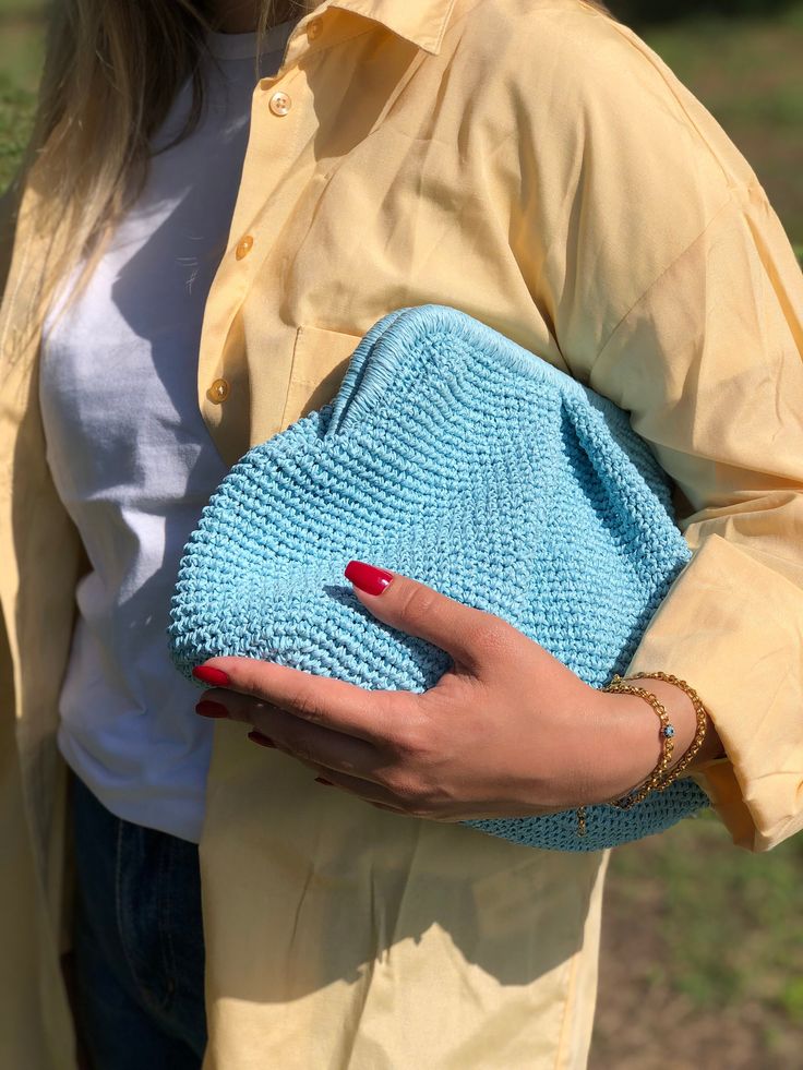 HANDMADE STRAW POUCH CLUTCH BAG 🛍️Inspired by nature sustainable fashion ✅Any woman must have this bag for every fashionista.Whether you keeping it to yourself or gifting someone you care, it will be unforgettable. Daily use, a fashionable women's accessory for special occasions ✅I made this beautiful clutch from natural paper rope which is organic cotton. ✅The interior of the straw summer bag is fully lined with cotton and has a hidden metal lock. A lining of the appropriate color is sewn into Blue Woven Clutch, Handmade Blue Shoulder Bag For Spring, Light Blue Clutch Bag For Everyday Use, Light Blue Clutch For Everyday Use, Everyday Straw Pouch Bag For Spring, Everyday Spring Pouch Straw Bag, Handmade Pouch Clutch For Spring, Everyday Spring Straw Pouch Bag, Spring Travel Clutch With Woven Details