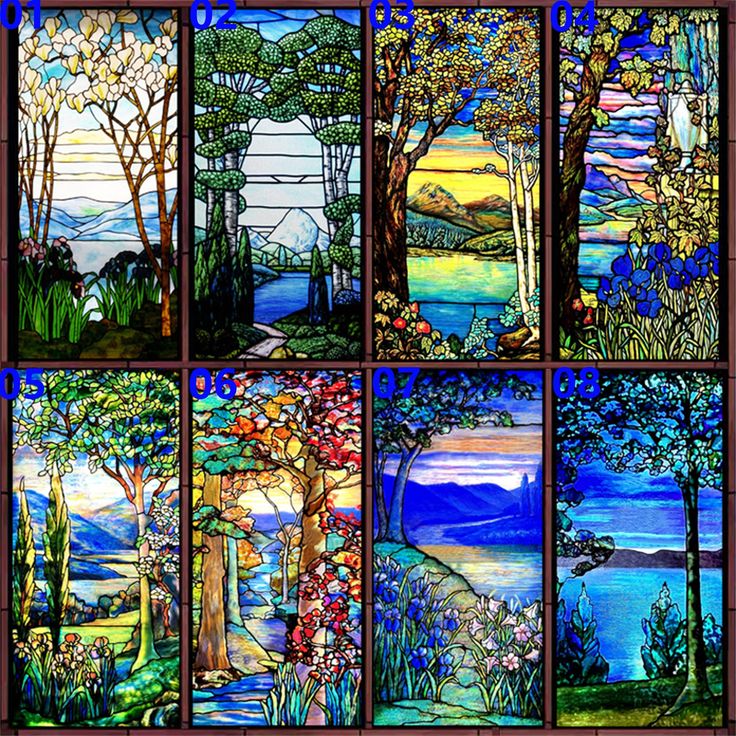 six stained glass windows with trees and water in the background, all depicting different scenes