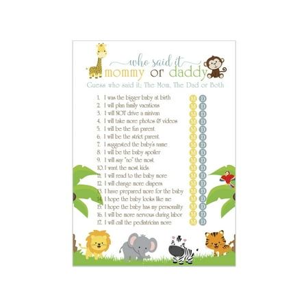 a baby shower game with jungle animals and giraffes on the back ground