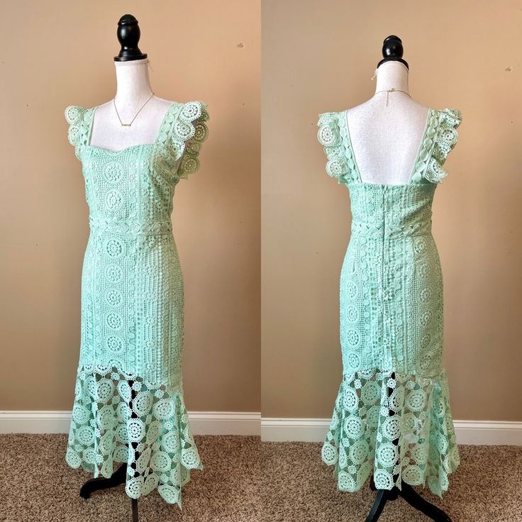 Nwt Lena | Green Trumpet Lace Fly Away With Me Maxi Dress Sz M. Measurements From Flat: 15.5" Bust, 14.5" Waist, 54" Length Fitted Summer Maxi Dress With Scalloped Lace, Summer Fitted Maxi Dress With Scalloped Lace, Fitted Maxi Dress With Scalloped Lace For Summer, Summer Green Lace Midi Dress, Fitted Summer Lace Midi Dress, Spring Fitted Lace Midi Dress, Green Scalloped Lace Dress For Summer, Spring Green Lace Midi Dress, Green Scalloped Lace Summer Dress