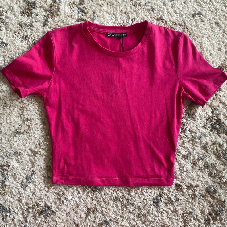 Zara Hot Pink Fitted T-Shirt, Size Xs, New, Never Worn Must Be Sold By Thursday Evening! Make Offers! Pink Casual Crop Top T-shirt, Fitted Red Cotton Tops, Zara Pink Casual T-shirt, Pink Fitted Cotton T-shirt, Pink Fitted Top With Short Sleeves, Pink Fitted Short Sleeve Top, Basic Pink Crop Top, Fitted Pink Short Sleeve Cotton Top, Trendy Fitted Pink T-shirt