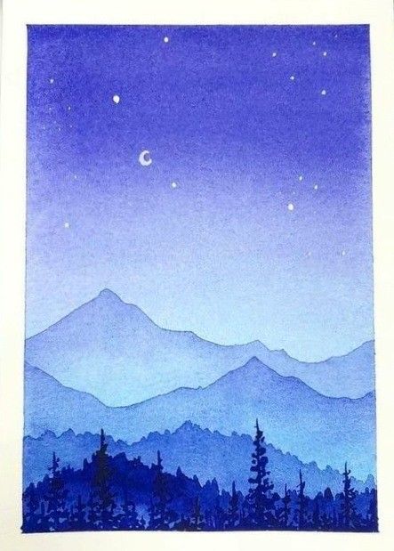 a watercolor painting of mountains and trees at night