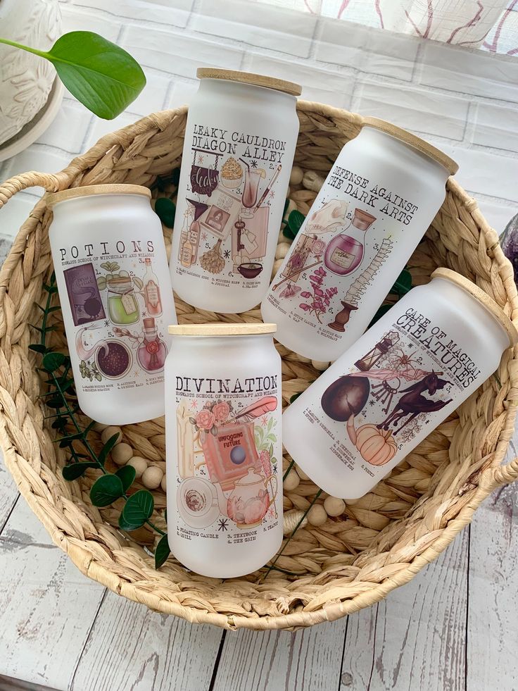 five bottles of lotion sitting in a basket