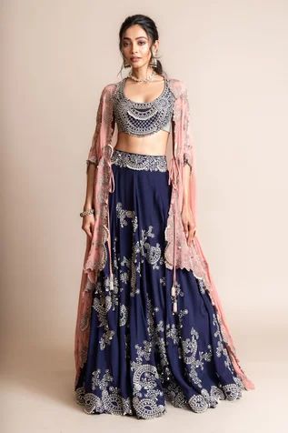 Shop for Nupur Kanoi Blue Cape- Georgette Embroidered Scallop Border Cape And Lehenga Set for Women Online at Aza Fashions Nupur Kanoi, Cape Lehenga, Jacket Lehenga, Dupatta Style, Scallop Border, Blue Cape, Crepe Skirts, Embroidered Lehenga, Georgette Blouse