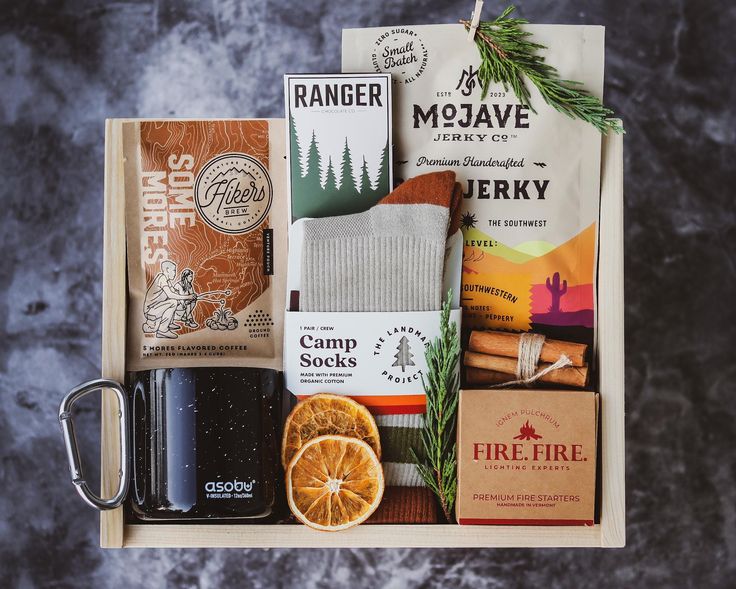 an assortment of coffee and snacks in a box