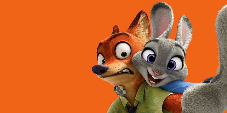 two cartoon characters are hugging each other in front of an orange background with the same character