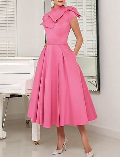 A-Line Mother of the Bride Dress Elegant Vintage High Neck Tea Length Satin Short Sleeve with Sash / Ribbon Bow(s) Pleats 2021 Tea Length Cocktail Dresses, Satin Short Sleeve, Mother Of Bride Outfits, Sukienki Plus Size, Pink Wedding Dresses, Satin Short, Stretchy Dress, Mother Of The Bride Dress, Dress Silhouette